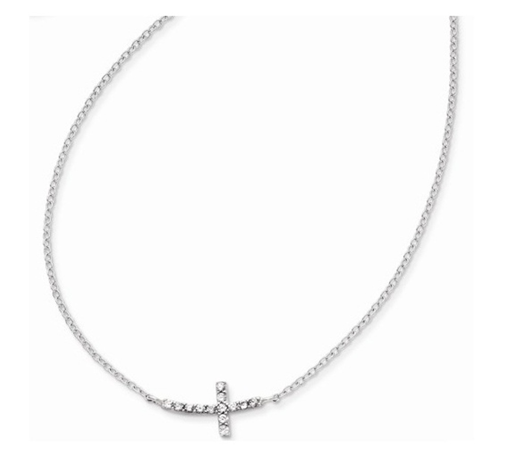  CZ Offset Sideways Cross Nacklace, Sterling Silver, 16-18