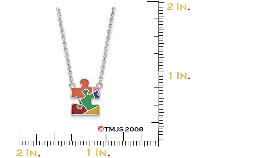 Enameled Autism Puzzle Piece Necklace, Rhodium Plated Sterling Silver, 18