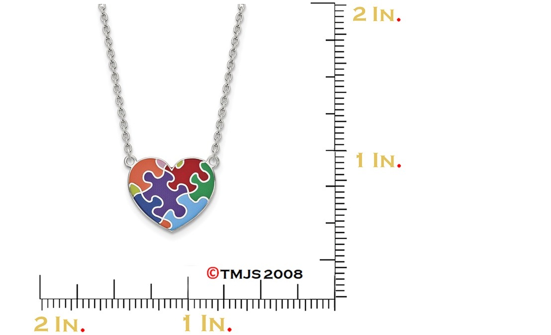 Enameled Autism Heart Necklace, Rhodium Plated Sterling Silver, 18