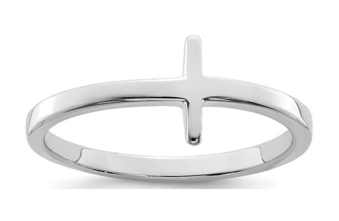 Sterling Silver Rhodium-Plated Sideways Cross Ring