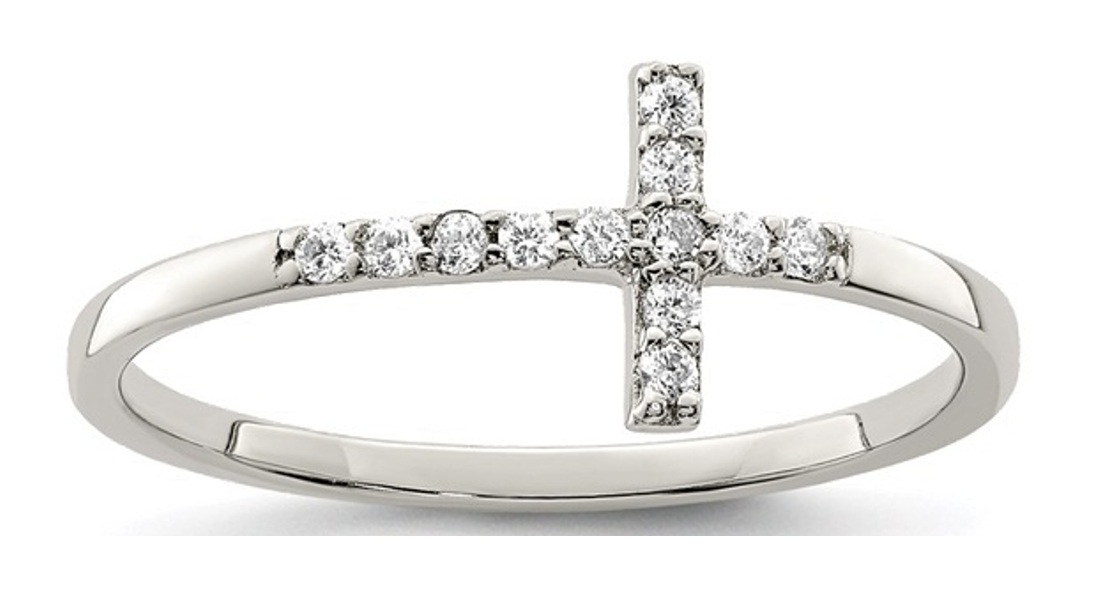 Sterling Silver With CZ Sideways Cross Ring