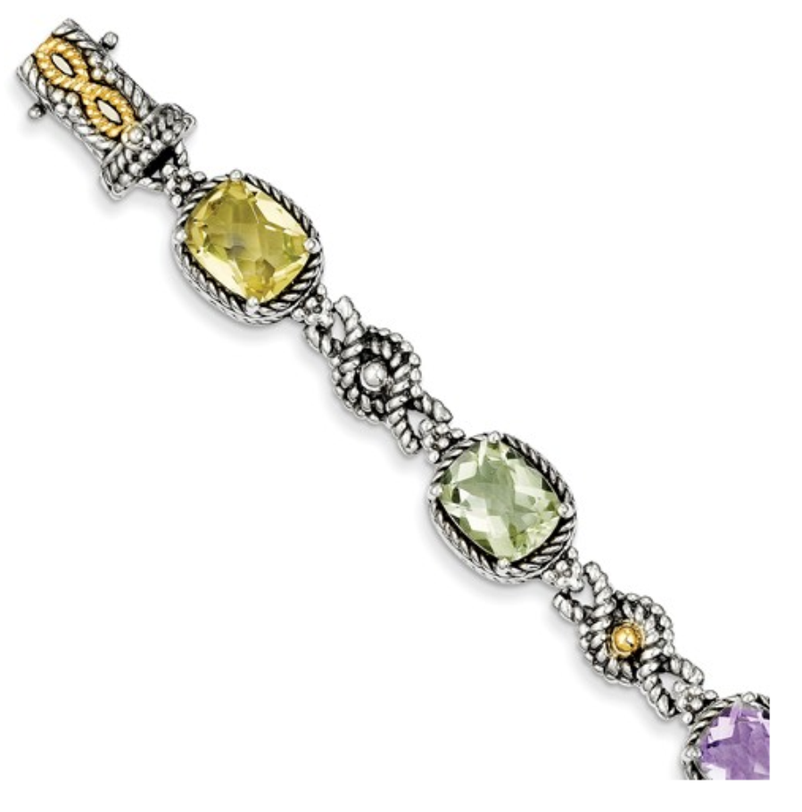 Sterling Silver and 14K Gold,  Pink, Green, Lemon Quartz Bracelet, 7.25