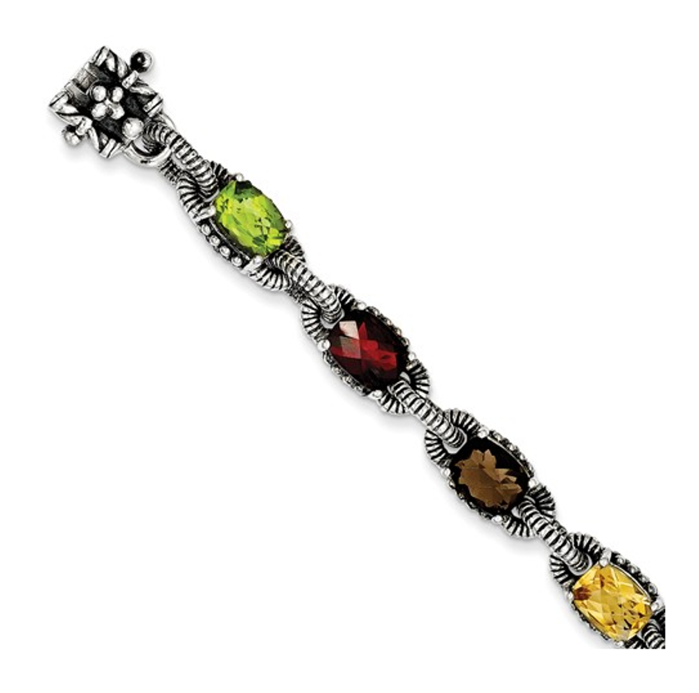 Sterling Silver, Amethyst, Citrine, Garnet, Peridot, Smoky Quartz Bracelet, 7.25