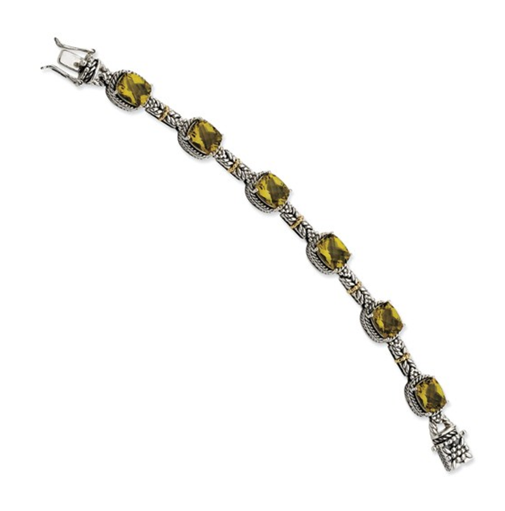 Sterling Silver and 14K Yellow Gold, Olive Quartz Antiqued Bracelet, 7.75