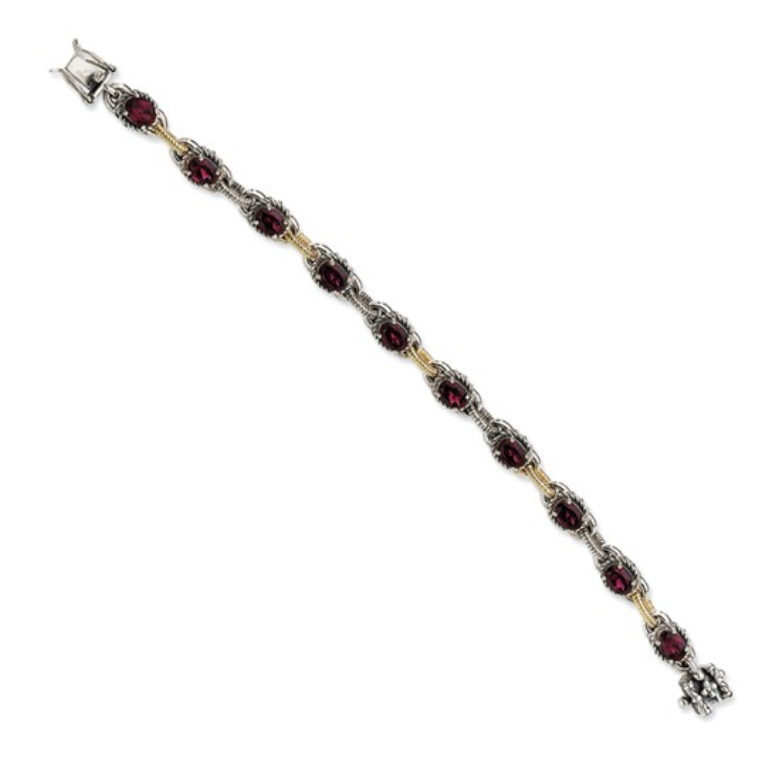 Sterling Silver and 14K Gold, Rhodolite Garnet Bracelet, 7.75