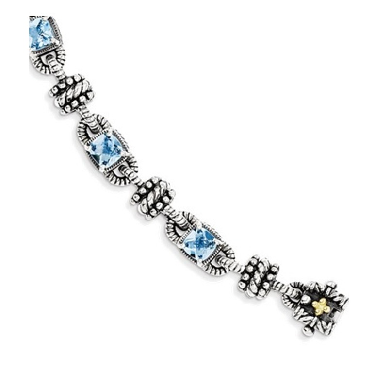 Sterling Silver and 14K Gold, Swiss Blue Topaz Bracelet, 7.50