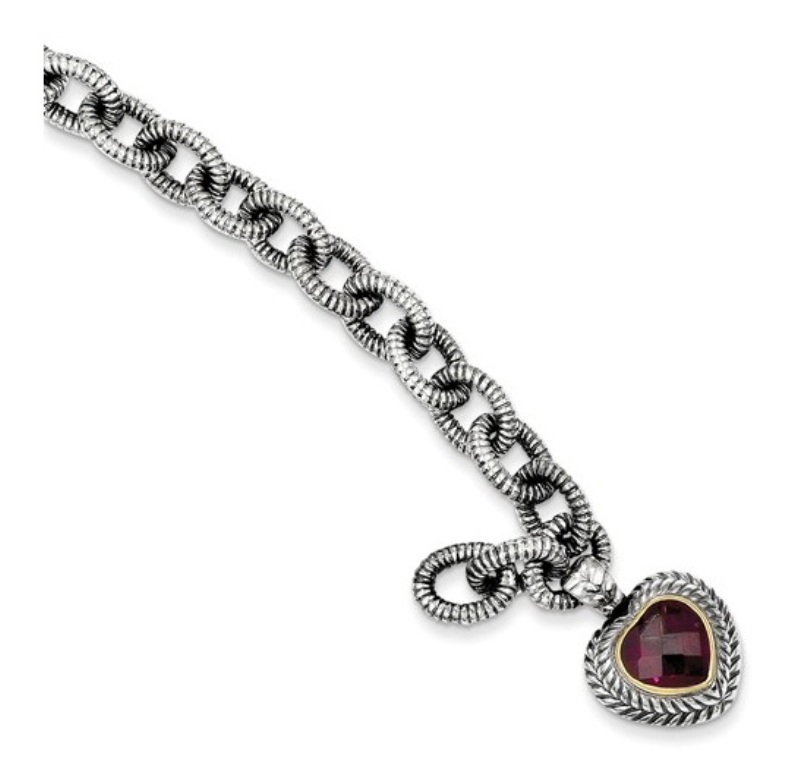 Sterling Silver and 14K Gold, Rhodolite Garnet Heart Bracelet, 7.50