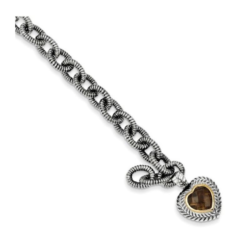 Sterling Silver and 14K Gold, Smoky Quartz Heart Bracelet, 7.50