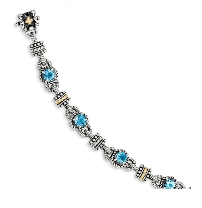 Sterling Silver and 14K Gold, Swiss Blue Topaz Bracelet, 7.50