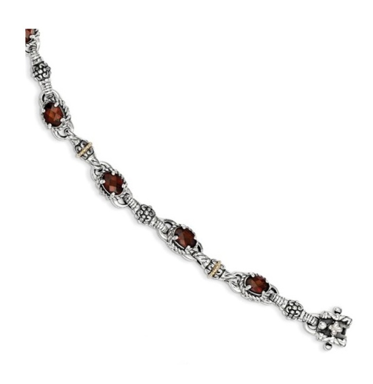 Sterling Silver and 14K Gold, Oval Garnet Bracelet, 7.25