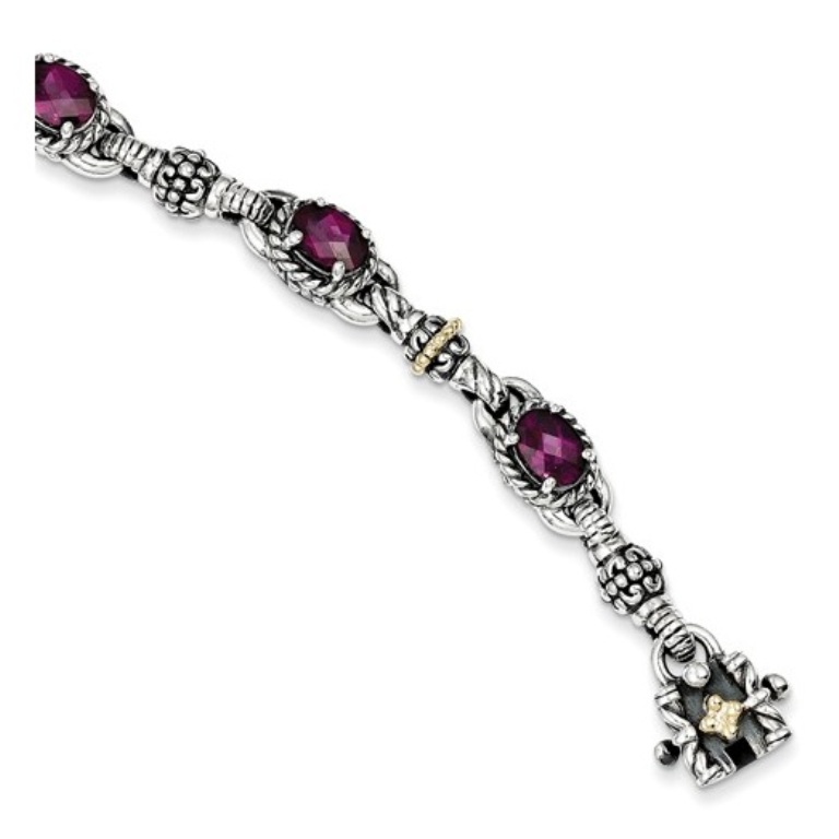 Sterling Silver and 14K Gold, Rhodolite Garnet Bracelet, 7.25