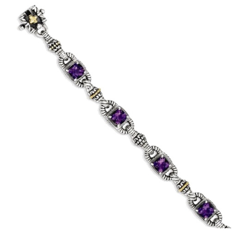 Sterling Silver and 14K Gold, Amethyst Antiqued Bracelet, 7.25