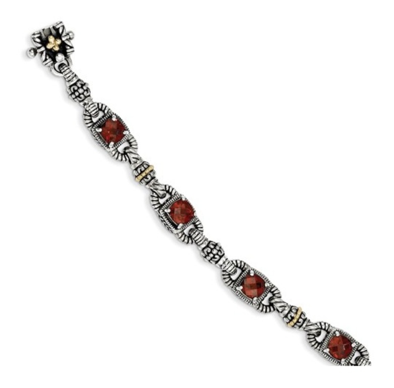 Sterling Silver and 14K Gold, Cushion-Cut Garnet Bracelet, 7.25