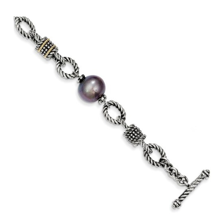 Sterling Silver and 14K Gold, FW Cultured Black Pearl Bracelet, 7.50