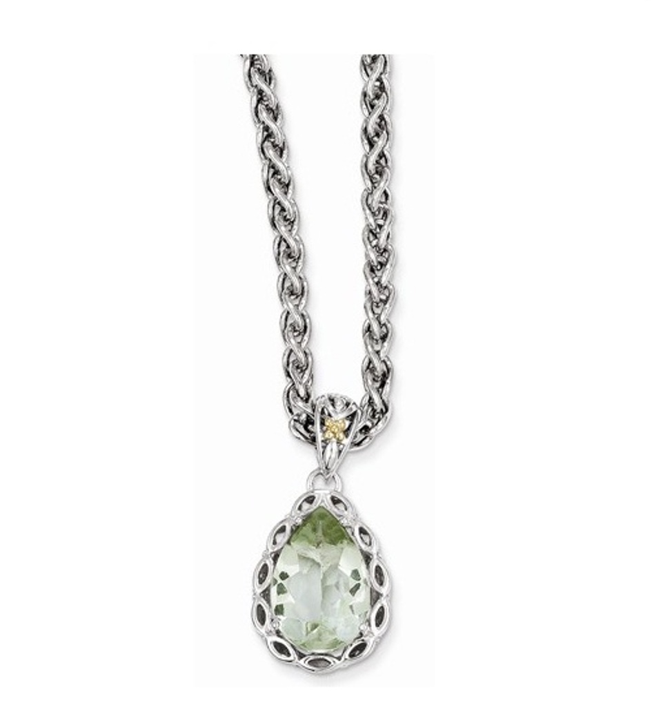 Green Quartz Polished Necklace, Sterling Silver 14k Yellow Gold , 18