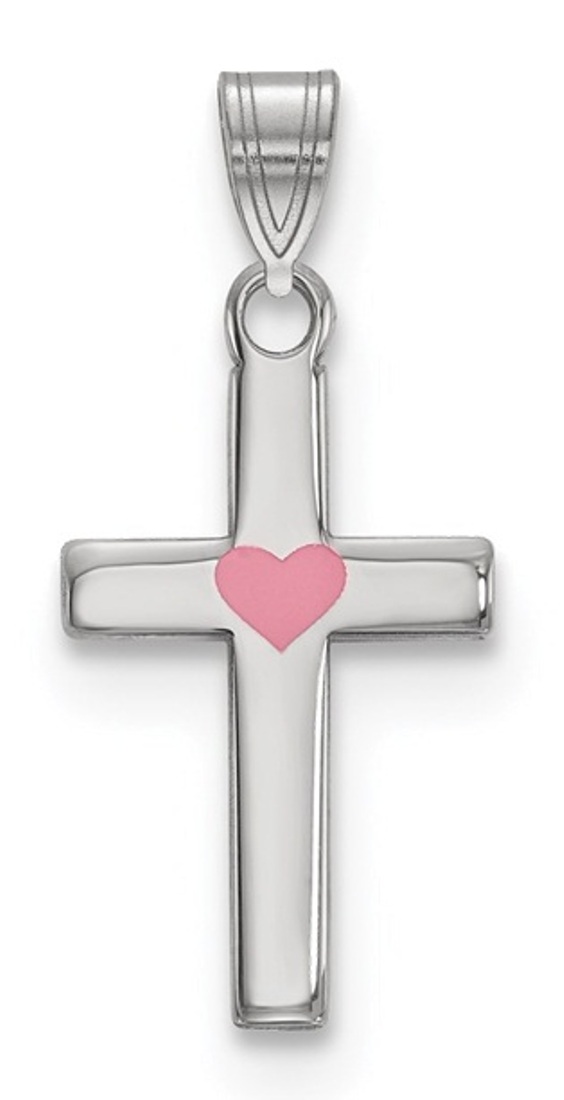 Sterling Silver Rhodium-Plated Pink Enameled Heart Cross Charm