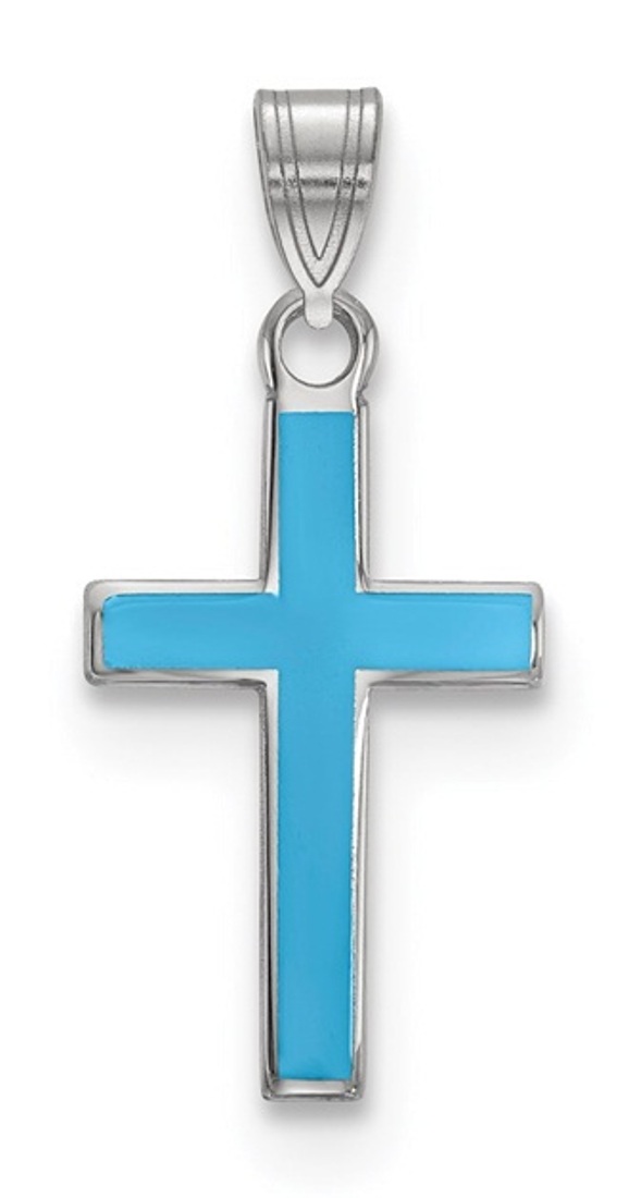 Sterling Silver Rhodium-Plated Blue Enameled Cross Charm