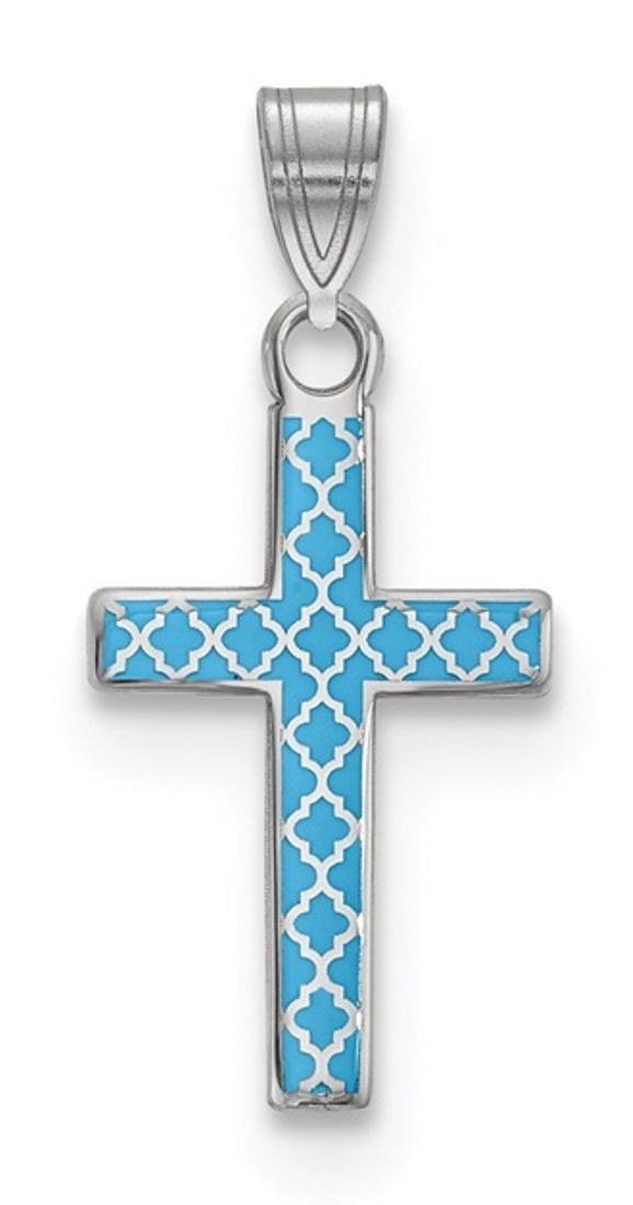 Sterling Silver Rhodium-Plated Blue Enameled Cross Hatch Cross Charm