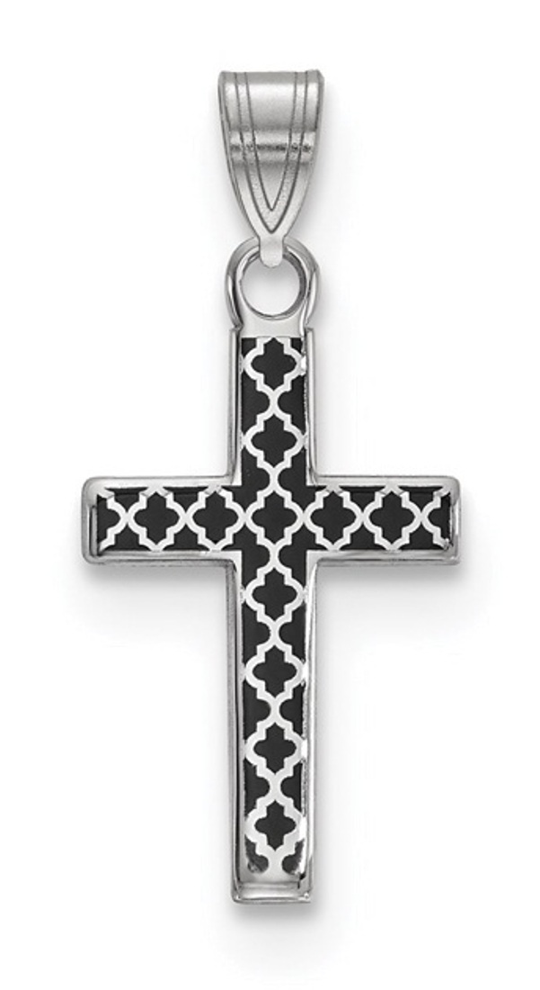 Sterling Silver Rhodium-Plated Black Enameled Cross Hatch Cross Charm