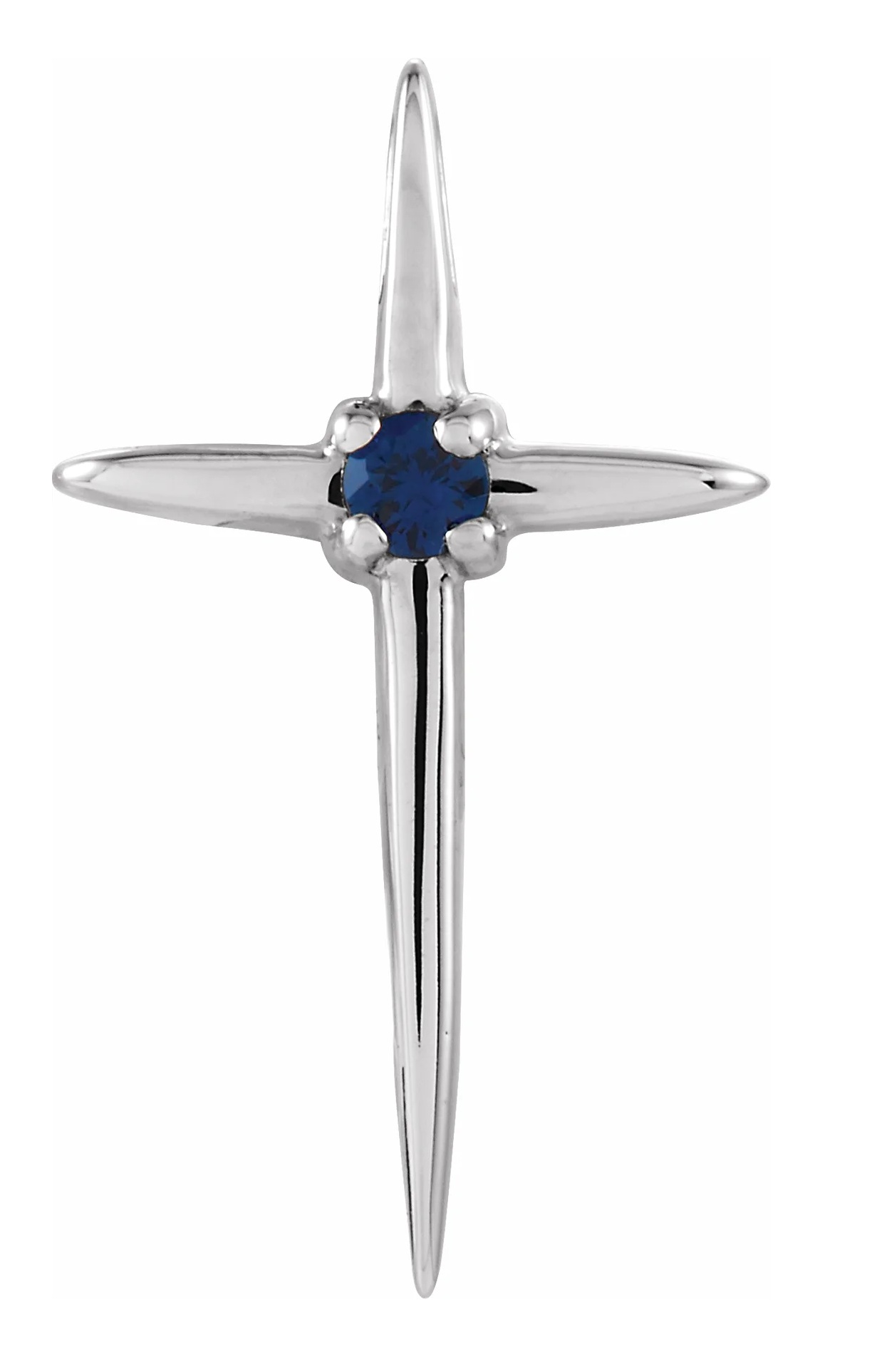 Solitaire Blue Sapphire Cross Rhodium-Plated 14k White Gold Pendant (17.75X10MM)