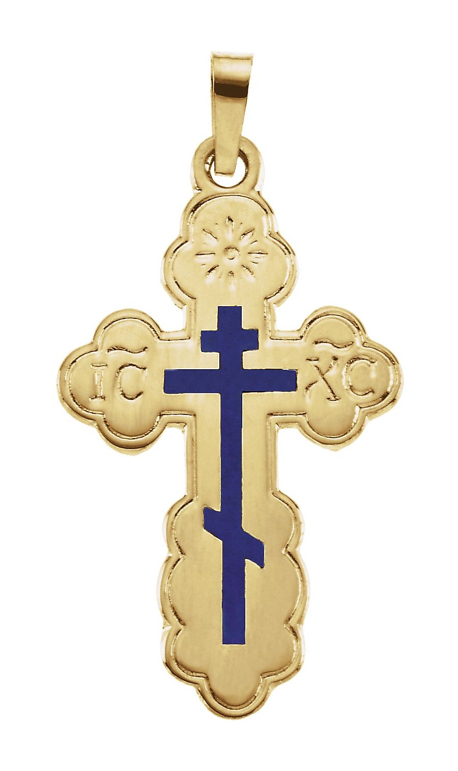 Orthodox Cross with Blue Enamel 14k Yellow Gold Pendant
