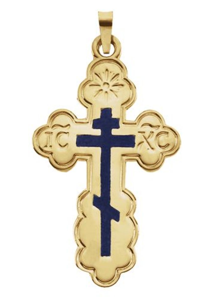 Orthodox Cross with Blue Enamel 14k Yellow Gold Pendant
