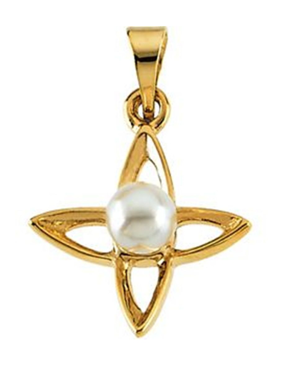 Tiny Cross with Pearl 14k Yellow Gold Pendant
