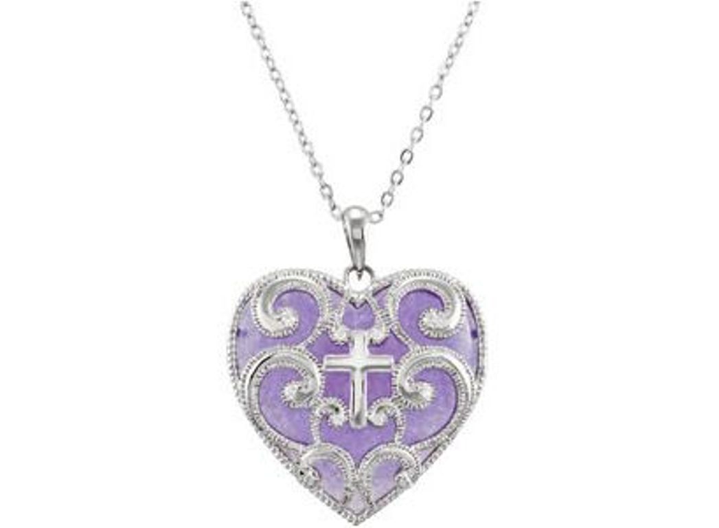 Rhodium-Plated Sterling Silver and Purple Heart Cross Necklace 18