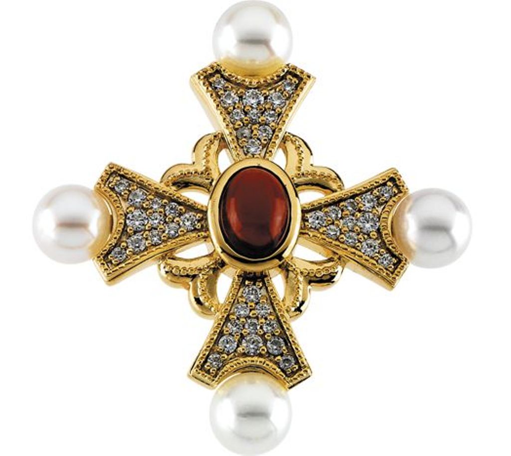 Akoya Cultured Pearl, Diamond and Gemstone Cross 14k Yellow Gold Pendant