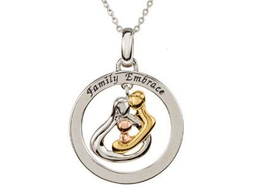 Sterling Silver 18k Yellow Gold Plate and 14k Rose Plate Gold Hug the Family Circle Necklace 18