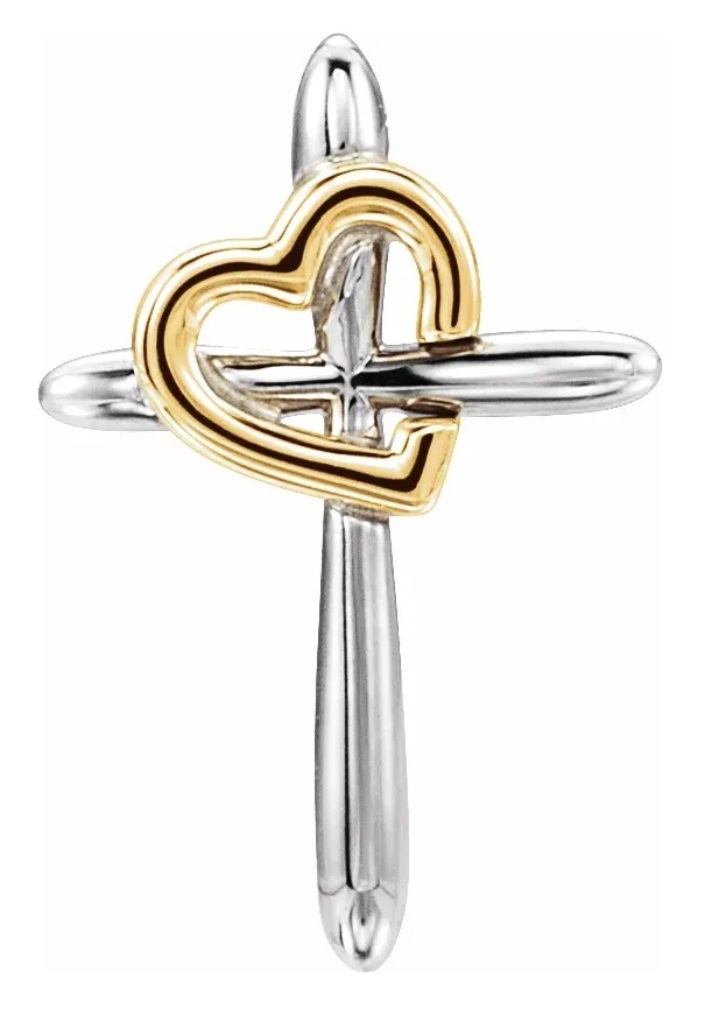 Two-Tone Cross with Heart Rhodium-Plated 14k White and Yellow Gold Pendant