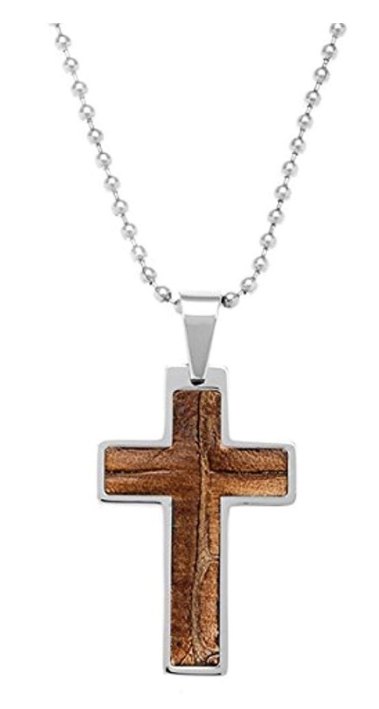 Men's Inlaid Brown Leather Cross Pendant Necklace , Stainless Steel, 23