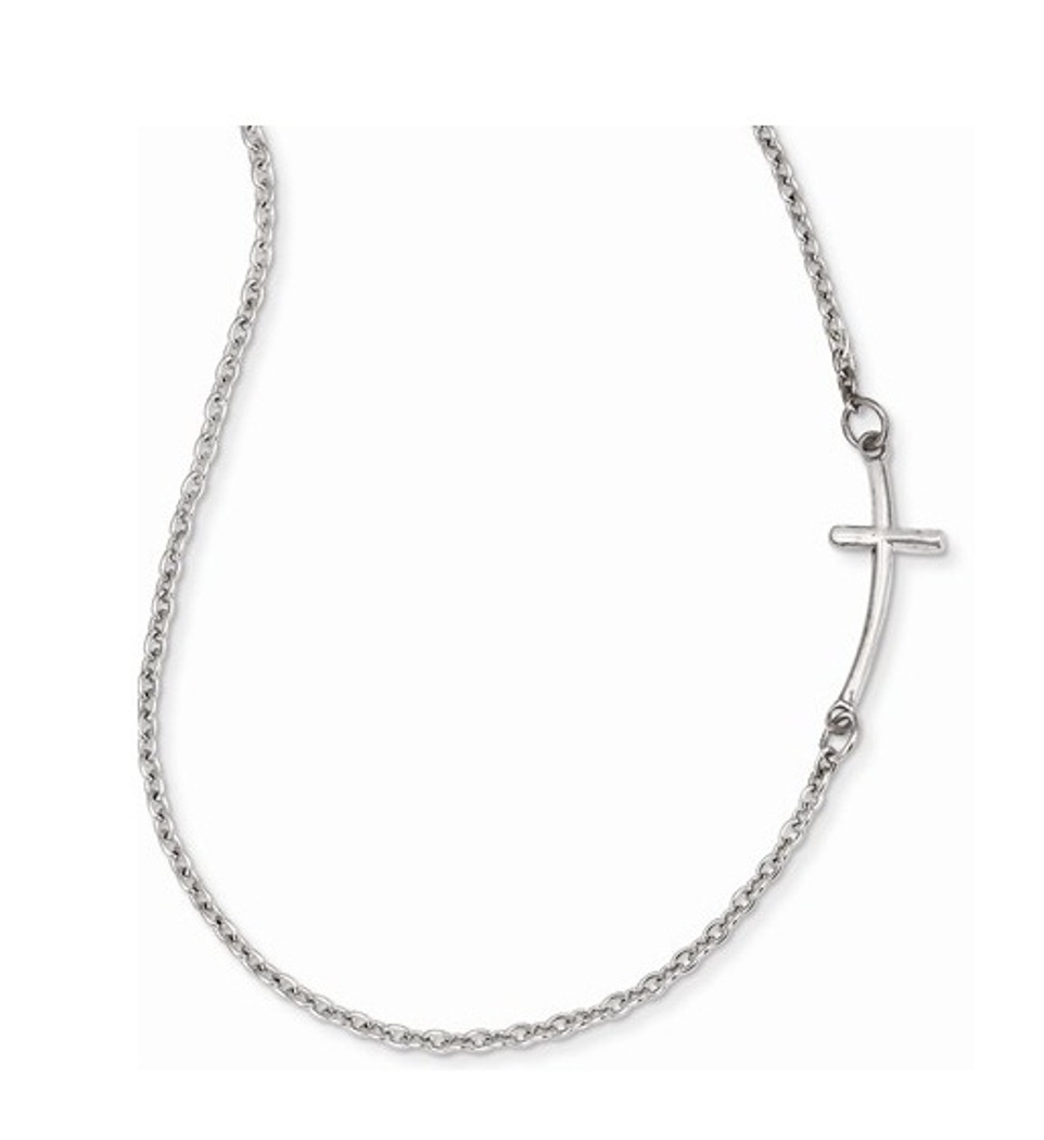 Petite Sideways Curved Cross Necklace,Rhodium- Plated 14k White Gold, 19