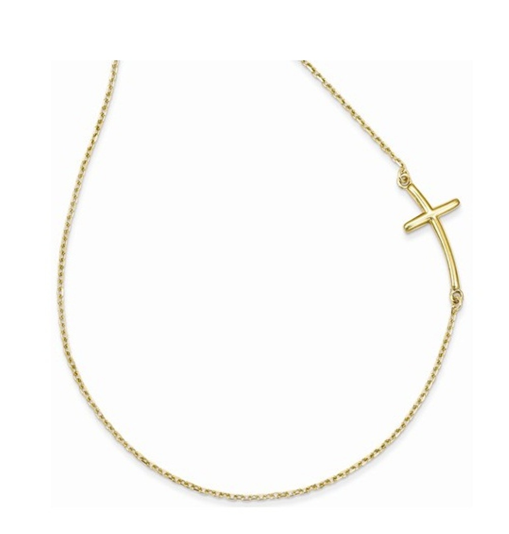 Large Sideways Curved Cross Necklace,14K Yellow Gold, 19