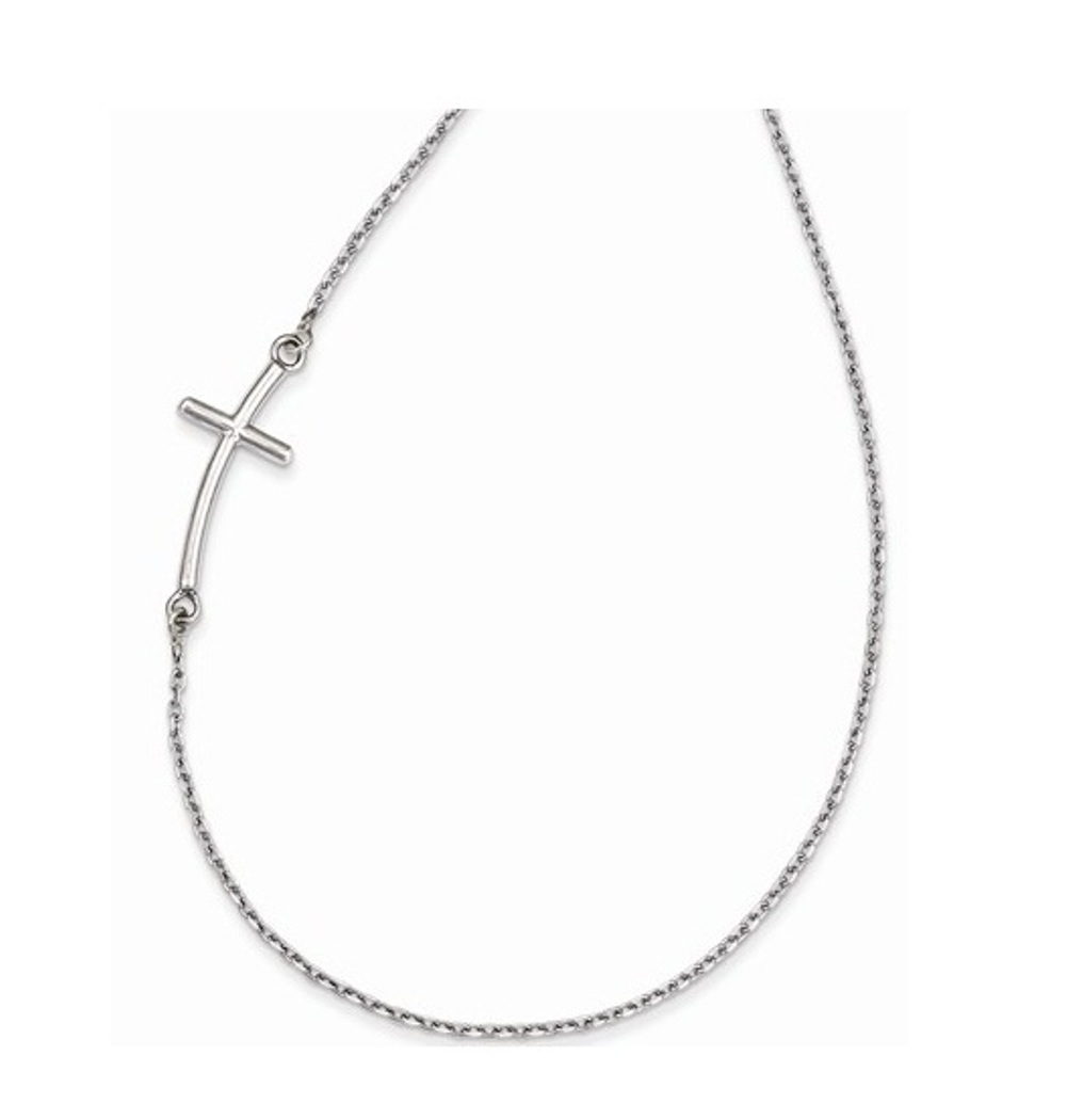 Large Sideways Curved Cross Necklace, Rhodium-Plated 14k White Gold, 19