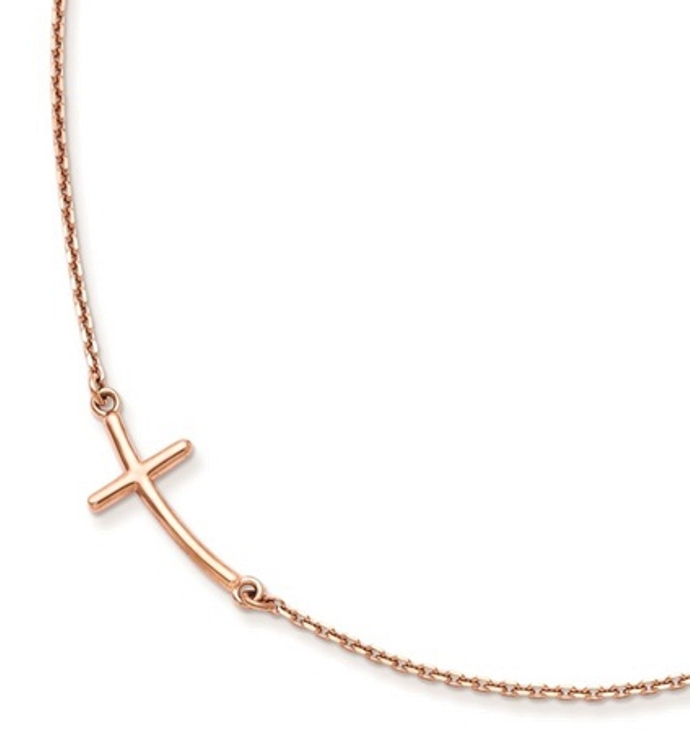 14k Rose Gold Small Sideways Curved Cross Necklace