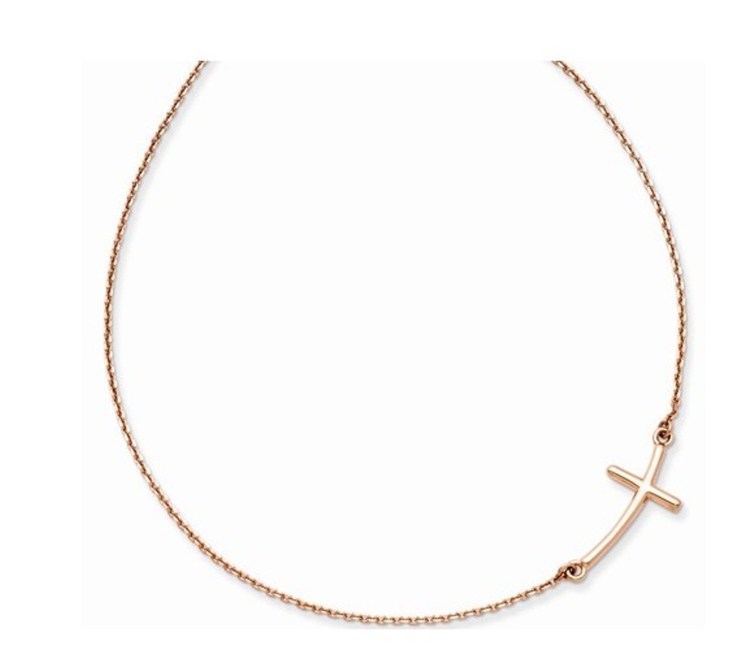 Large Sideways Curved Cross Necklace,14k Rose Gold, 19