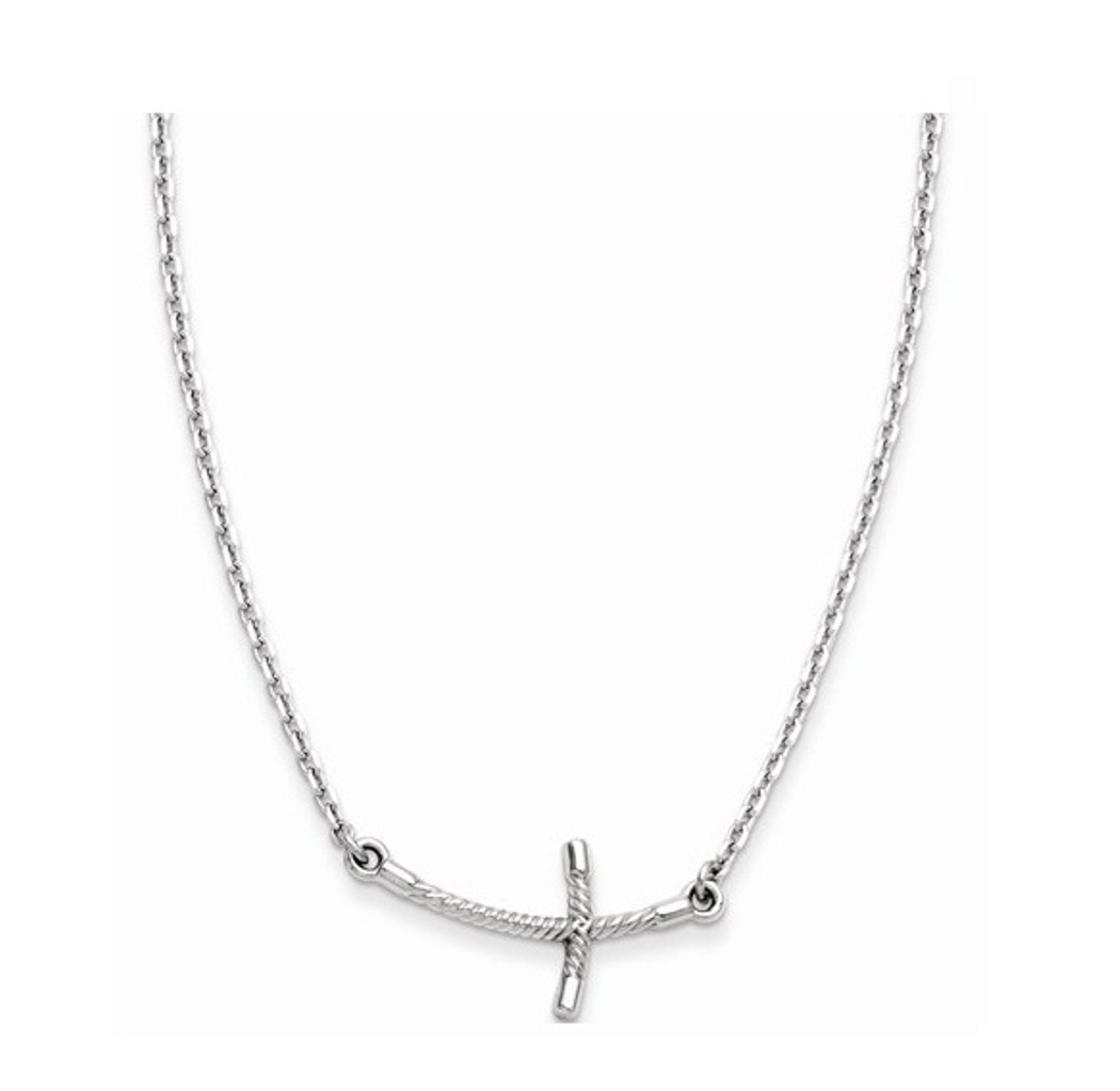 Petite Sideways Curved Twist Cross Necklace,Rhodium-Plated 14k White Gold, 19