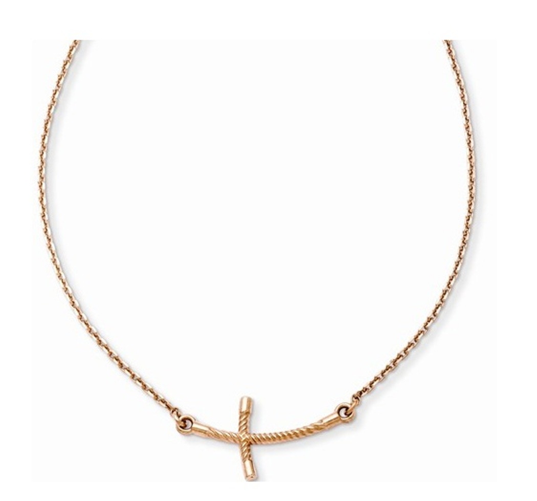 Petite Sideways Curved Twist Cross Necklace,14k Rose Gold, 19