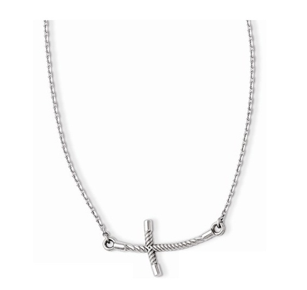 Large Sideways Curved Twist Cross Necklace, Rhodium-Plated 14k White Gold, 19