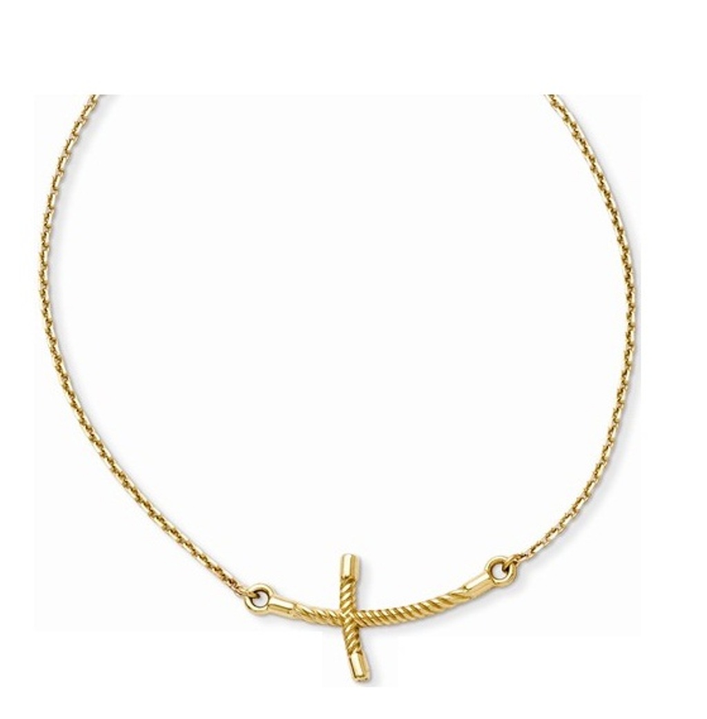 Large Sideways Curved Twist Cross Necklace, 14k Yellow Gold, 19