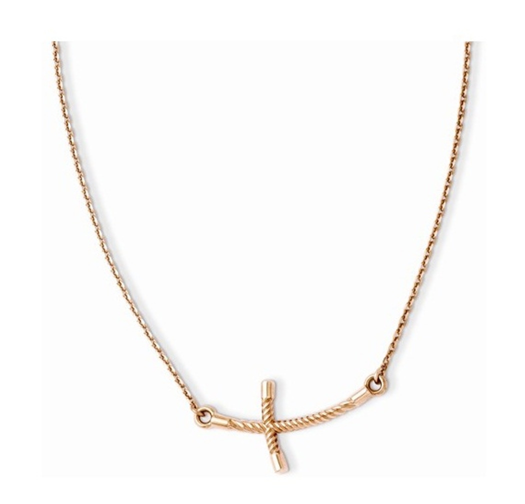 Large Sideways Curved Twist Cross Necklace, 14k Rose Gold, 19