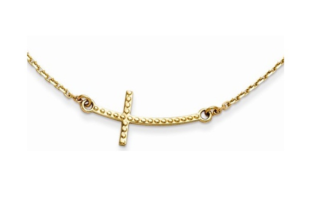 Sideways Curved Textured Cross Necklace,  14k Yellow Gold, 19