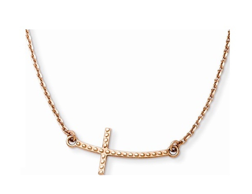 Sideways Curved Textured Cross Necklace,14k Rose Gold, 19