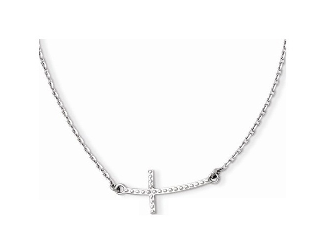 Sideways Curved Textured Cross Necklace, Rhodium-Plated 14k White Gold, 19