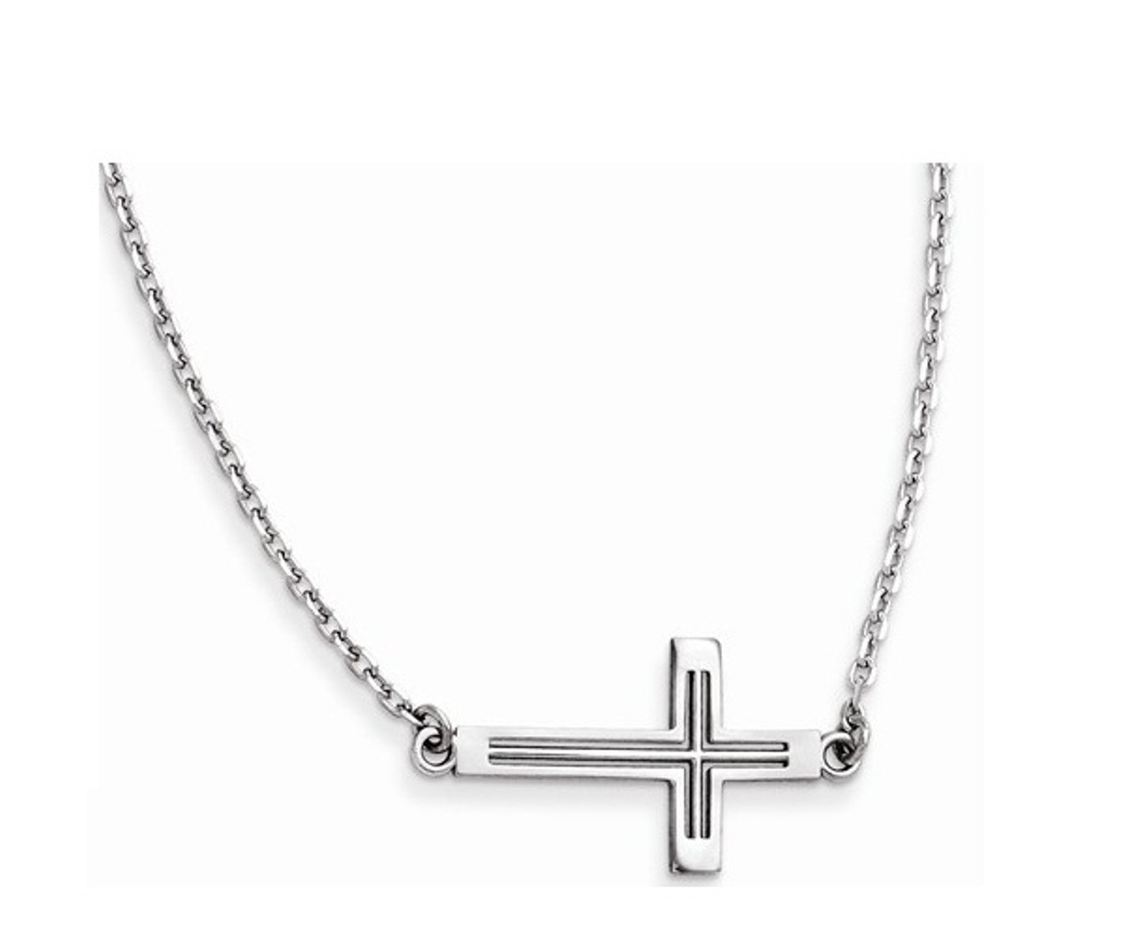 Sideways Cut-Out Cross Necklace, Rhodium-Plated 14k White Gold, 19