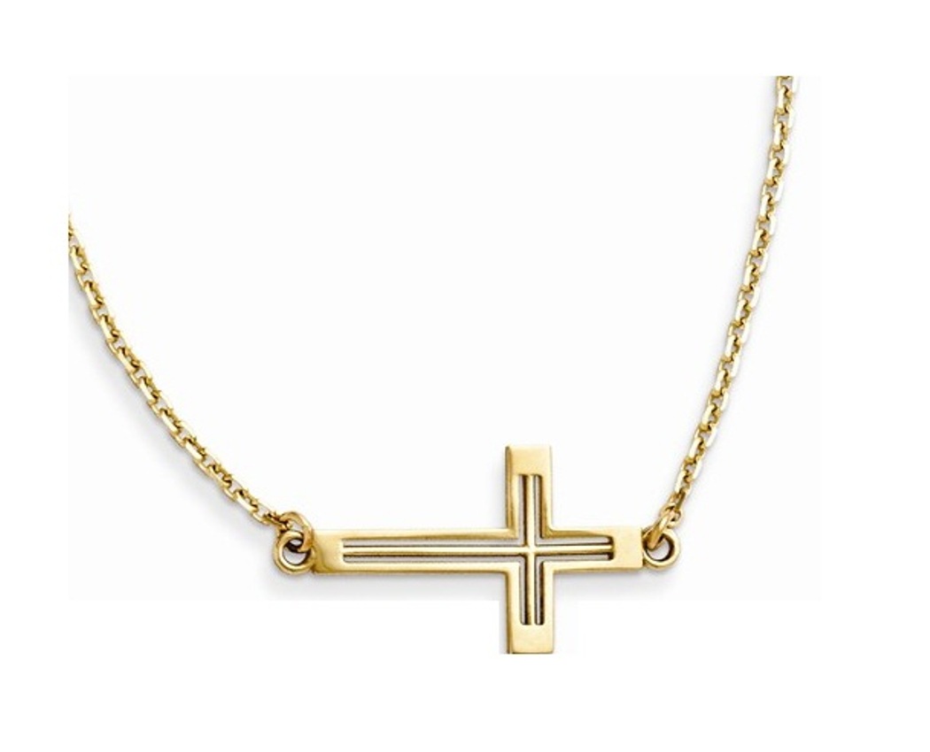 Sideways Cut-Out Cross Necklace, 14k Yellow Gold, 19