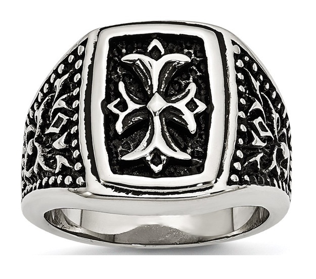 Stainless Steel Black Antiqued Cross Men's Ring