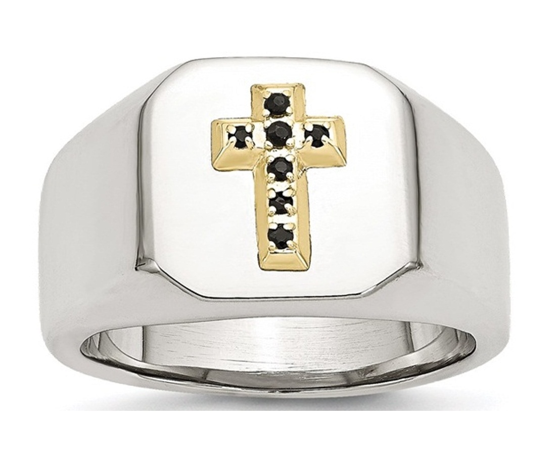 Stainless Steel 14k With Sapphire Cross Ring