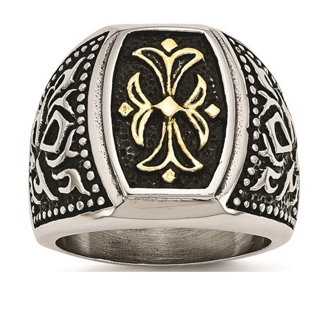 Stainless Steel Antiqued And Yellow IP-Plated Cross Ring